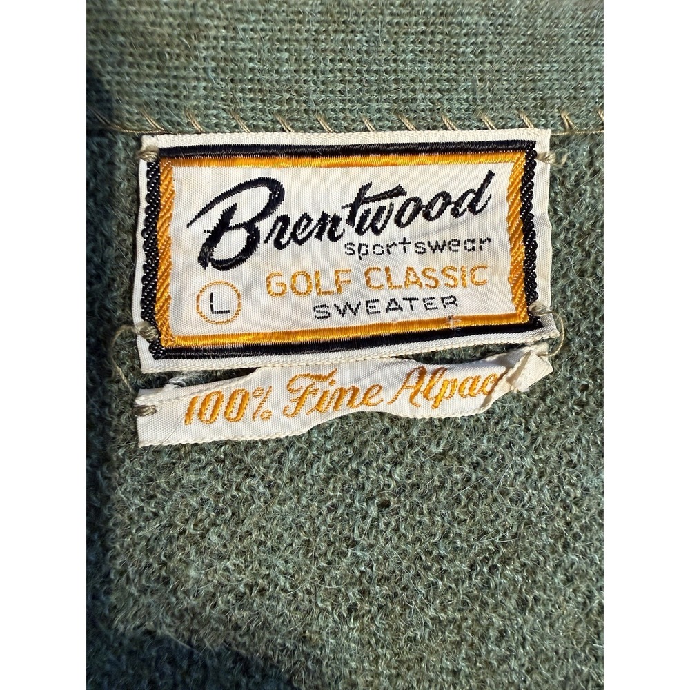 Vintage 60s Brentwood 100% Alpaca Sweater Olive Green V Neck Boxy Soft Knit L - Picture 2 of 5